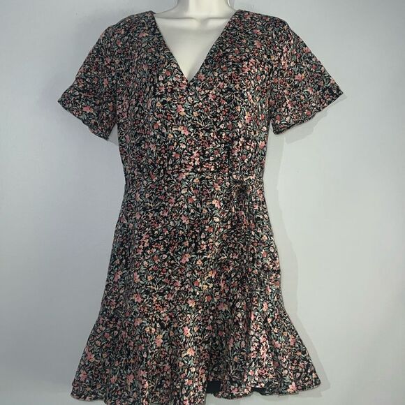 BB Dakota Steve Madden Floral Mini Dress Flounce Hem Surplice - Picture 1 of 8